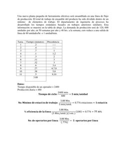 Una nueva planta pequeña de herramienta eléctrica será ensamblada en una línea de flujo 
de producción. El total de trabajo d