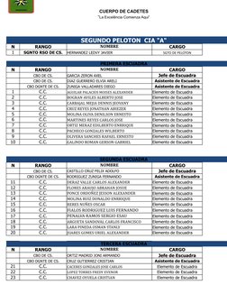 CUERPO DE CADETES
SEGUNDO PELOTON  CIA "A"
N
RANGO
NOMBRE
CARGO
1
SGNTO RSO DE CS.
HERNANDEZ LEDVY JAVIER
SGTO DE PELOTON
PRI