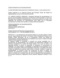 CÓDIGO MUNICIPAL DE AGUASCALIENTES 
 
ÚLTIMA REFORMA PUBLICADA EN EL PERIÓDICO OFICIAL: 19 DE JUNIO DE 2017.  
 
Código publi