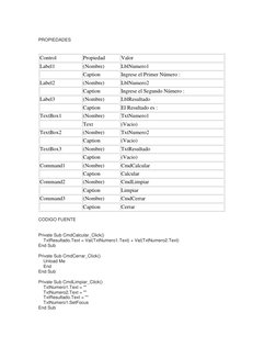 PROPIEDADES 
 
Control 
Propiedad 
Valor 
Label1 
(Nombre) 
LblNumero1 
 
Caption 
Ingrese el Primer Número : 
Label2 
(Nom