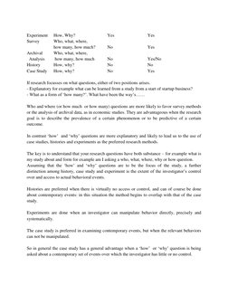 Experiment 
How, Why? 
 
 
Yes 
 
 
Yes 
Survey  
Who, what, where,  
how many, how much? 
No 
 
 
Yes 
Archival  
Who, wha