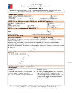 Ley 20.201 – Decreto 170/2009 
 
Evaluación Diagnóstica Integral de Necesidades Educativas Especiales  
 
INFORME PARA LA FAM