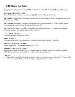 11-14 Hueso del dedo 
 
Este grupo abarca los puntos Fu Yuan Er (ML 11.22), Fu Yuan San (ML 11.22), y Fu Yuan Yi (ML 11.22).