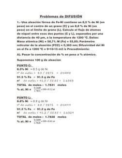 Problemas de DIFUSIÓN
1.- Una aleación férrea de Fe-Ni contiene un 8,5 % de Ni (en
peso) en el centro de un grano (C) y un 8,