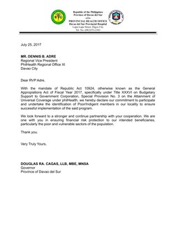 Republic of the Philippines
Province of Davao del Sur
-oOo-
PROVINCIAL HEALTH OFFICE
Davao del Sur Provincial Hospital
Lapu-L