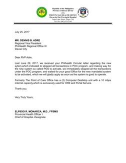 Republic of the Philippines
Province of Davao del Sur
-oOo-
PROVINCIAL HEALTH OFFICE
Davao del Sur Provincial Hospital
Lapu-L