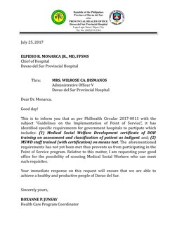 Republic of the Philippines
Province of Davao del Sur
-oOo-
PROVINCIAL HEALTH OFFICE
Davao del Sur Provincial Hospital
Lapu-L