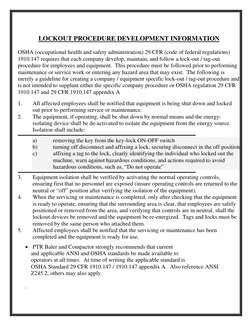 LOCKOUT PROCEDURE DEVELOPMENT INFORMATION 
 
OSHA (occupational health and safety administration) 29 CFR (code of feder
