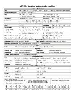 MOS 3330: Operations Management Formula Sheet 
 
Inventory Management 
EOQ 
EOQ = (2DCO/CH)½ 
TC = CO(D/Q) + CH(Q/2) 
R = d L