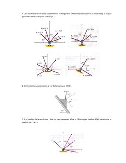 5. Utilizando el método de las componentes rectangulares. Determine el módulo de la resultante y el ángulo
que forma su recta