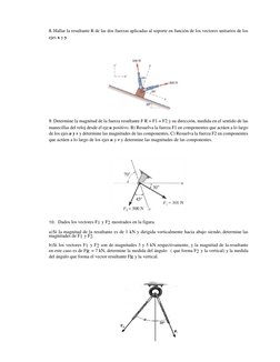8. Hallar la resultante R de las dos fuerzas aplicadas al soporte en función de los vectores unitarios de los
ejes x y y
9. D