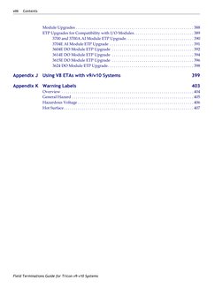 viii
Contents
Field Terminations Guide for Tricon v9–v10 Systems
Module Upgrades . . . . . . . . . . . . . . . . . . . . . .