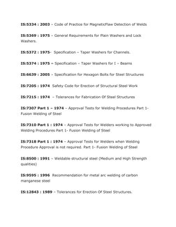 IS:5334 : 2003 – Code of Practice for MagneticFlaw Detection of Welds
IS:5369 : 1975 – General Requirements for Plain Washers