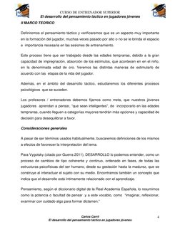 CURSO DE ENTRENADOR SUPERIOR 
El desarrollo del pensamiento táctico en jugadores jóvenes 
Carlos Carril 
El desarrollo del pe