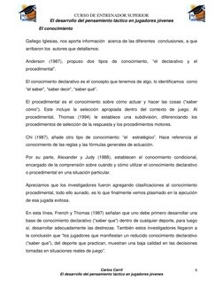 CURSO DE ENTRENADOR SUPERIOR 
El desarrollo del pensamiento táctico en jugadores jóvenes 
Carlos Carril 
El desarrollo del pe