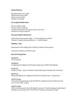 Medical History 
Hypothyroidism since 2002 
Hypertension since 2009 
Glaucoma since 2010 
Allergic to penicillin 
Prescriptio