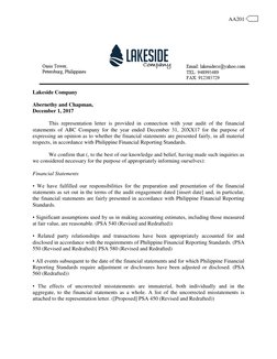 AA201 
 
 
 
 
 
 
 
 
 
Lakeside Company 
 
Abernethy and Chapman, 
December 1, 2017 
 
This representation letter is provid