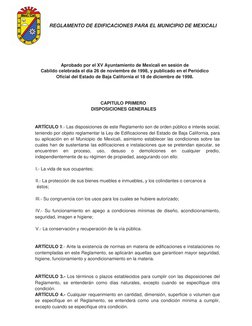 REGLAMENTO DE EDIFICACIONES PARA EL MUNICIPIO DE MEXICALI
 
Aprobado por el XV Ayuntamiento de Mexicali