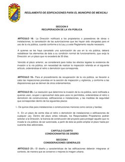 REGLAMENTO DE EDIFICACIONES PARA EL MUNICIPIO DE MEXICALI
 
SECCION II 
RECUPERACIÓN DE LA VÍA PÚBLICA
A