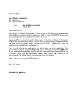 March 22, 2018 
 
Hon. EDNA P. SANCHEZ 
Municipal Mayor 
Sto. Tomas, Batangas 
 
 
Thru : 
Ms. RHODA B. LAROZA 
 
 
 
HRMO-