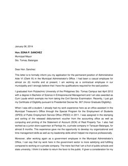 January 06, 2014 
Hon. EDNA P. SANCHEZ 
Municipal Mayor 
Sto. Tomas, Batangas 
 
Dear Hon. Sanchez: 
This letter