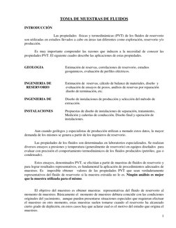 1 
TOMA DE MUESTRAS DE FLUIDOS 
 
INTRODUCCIÓN 
 
                                  Las propiedades  físicas y termodinámic