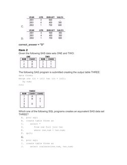 C.
D.
correct_answer = "D"
Item 2
Given the following SAS data sets ONE and TWO: 
 
The following SAS program is submitted cr