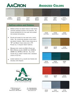 AaCron colors and finishes
Anodized Colors
AaCron offers the widest range of time tested 
lightfast anodized colors in the in