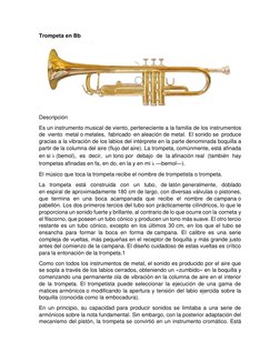Trompeta en Bb 
 
Descripción 
Es un instrumento musical de viento, perteneciente a la familia de los instrumentos 
de viento