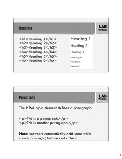 3
WebDev
LAB
Headings
<h1>Heading 1</h1>
<h2>Heading 2</h2>
<h3>Heading 3</h3>
<h4>Heading 4</h4>
<h5>Heading 5</h5>
<h6>Head