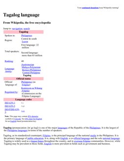 Your continued donations (http://wikimediafoundation.org/wiki/Fundraising) keep Wikipedia running!    
Tagalog language
From