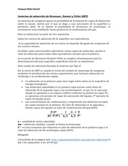 Vázquez Mata Daniel 
 
Isoterma de adsorción de Brunauer, Emmet y Teller (BET) 
La isoterma de Langmuir ignora la posibilidad