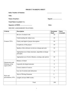 i 
 
PROJECT MARKING SHEET 
Index Number of Student:   
 
 
 
 
………………………… 
Title: