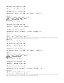 - Braking : 48% front; 52% rear
- Pressure : low; Size : small.
- Balance : Front: 11; Rear: 11.
- Suspension : Front - 11; R