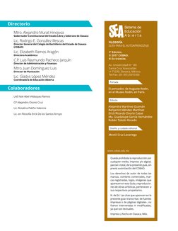 Directorio
Colaboradores
FILOSOFÍA
GUÍA PARA EL AUTOAPRENDIZAJE
1ª Edición.
© 2017 COBAO.
® En trámite.
Av. Universidad Nº 14