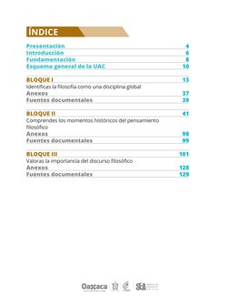 ÍNDICE
Presentación
Introducción
Fundamentación
Esquema general de la UAC
BLOQUE I
Identificas la filosofía como una discipli