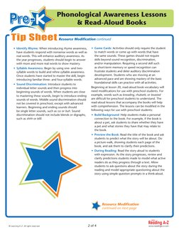 www.readinga-z.com
© Learning A–Z  All rights reserved.
Tip Sheet
Phonological Awareness Lessons 
& Read-Aloud Books
2 of 4
•