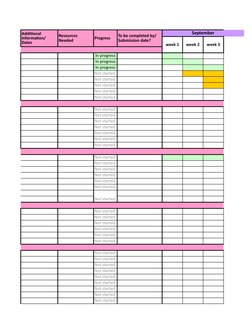 Progress
September
week 1
week 2
week 3
In progress
In progress
In progress
Not started
Not started
Not started
Not started
N