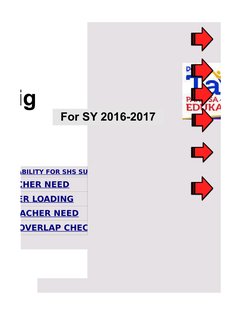 AVAILABILITY FOR SHS SUBJECTS
TEACHER NEED
ACHER LOADING
S TEACHER NEED
ULE OVERLAP CHECKER
n
asig
For SY 2016-2017

