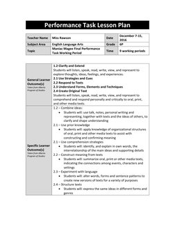 Performance Task Lesson Plan 
 
Teacher Name 
Miss Rawson 
Date 
December 7-15, 
2016 
Subject Area 
English Language Arts 
G
