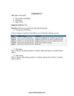 EXPERIMENT- 3 
Aim: Study of network IP 
 
• Classification of IP address 
• Sub netting 
• Super netting 
 
Apparatus