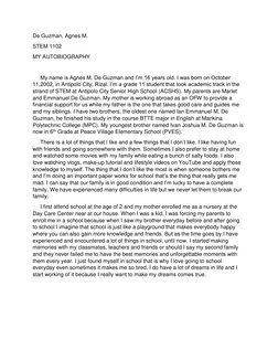 De Guzman, Agnes M.                                                                      
STEM 1102    
MY AUTOBIOGRAPHY