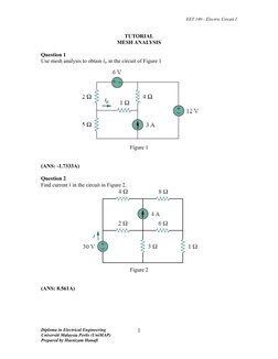 EET 140 - Electric Circuit I
TUTORIAL
MESH ANALYSIS
Question 1
Use mesh analysis to obtain io in the circuit of Figure 1
Figu
