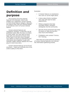 Human Interest
Feature Writing
The Center of Excellence for Visual Information and Public Affairs
2
Home  |  Definition & Pur