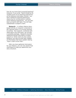 Human Interest
Feature Writing
The Center of Excellence for Visual Information and Public Affairs
4
Home  |  Definition & Pur