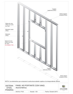 SISTEMA
STEEL
FRAMING
PANEL NO PORTANTE CON VANO.
Axonométrica.
Escala: 1:20
Archivo: P-03
Fecha: Octubre 2015
NOTA: Los elem