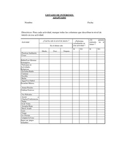 LISTADO DE INTERESES 
ADAPTADO 
 
Nombre 
 
 
 
 
 
Fecha 
 
 
Directrices: Para cada actividad, marque todas las columnas qu