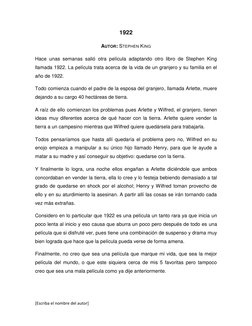 [Escriba el nombre del autor] 
 
 
1922 
AUTOR: STEPHEN KING 
Hace unas semanas salió otra película adaptando otro libro de S