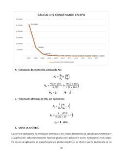 10
b. Calculando la producción acumulada Np:
=
= 95.3 ∗365
0.222
∗
95.3 ∗365
20 ∗365
=
.
c.
Calculando el tiempo de vida del