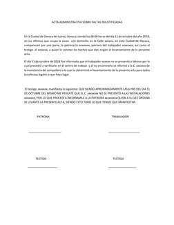ACTA ADMINISTRATIVA SOBRE FALTAS INJUSTIFICADAS 
 
En la Ciudad de Oaxaca de Juárez, Oaxaca, siendo las 08:00 horas del día 1